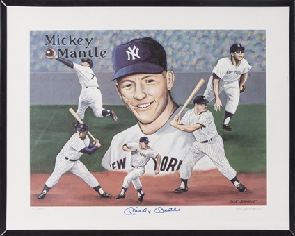 Mickey Mantle Autographed Framed 16x20 Lithograph by Don Sprague (PSA/DNA)
